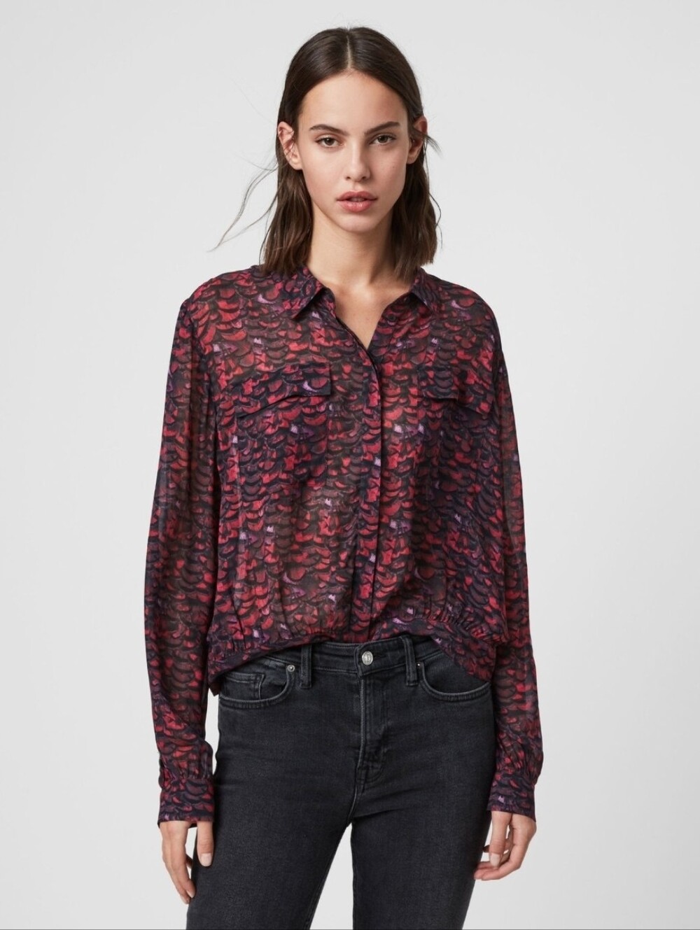 All Saints Adeliza Plume Blouse Jewel Tone Semi Sheer Feather Printed Sz Medium